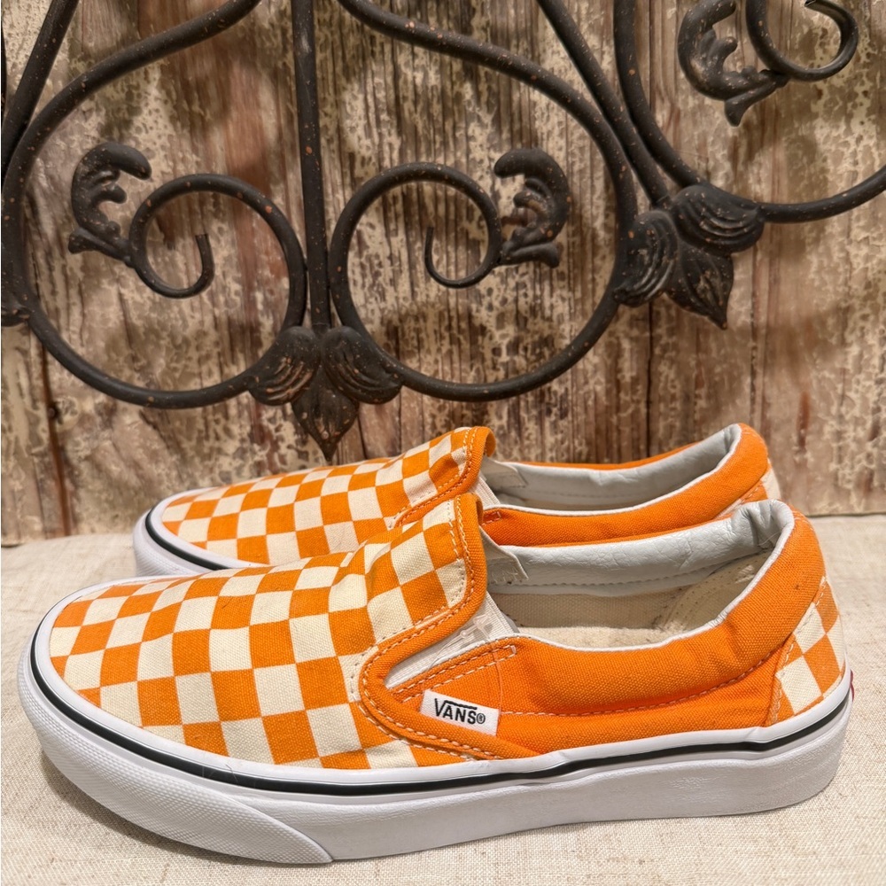 Vans Orange Checkerboard Slip-On Sneakers 7 - Picture 6 of 9